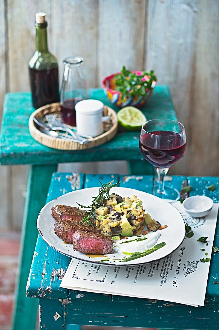 Saddle of lamb with aubergine and avocado