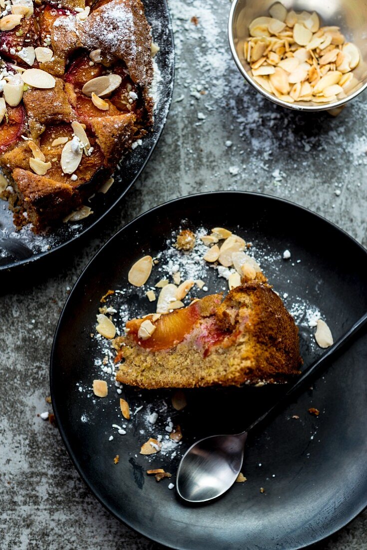 Plum and almond cake, sliced