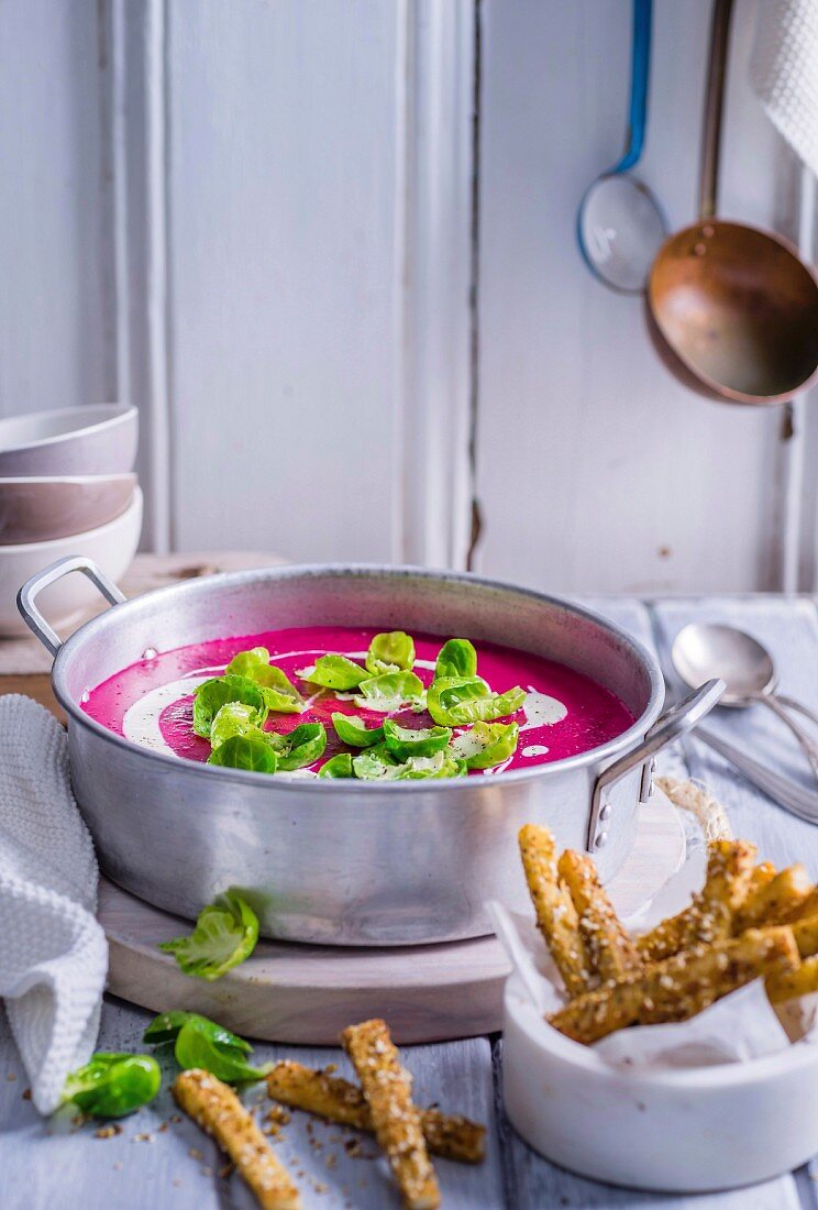 Beetroot and Brussels Sprout Soup with Dukkah Toasts