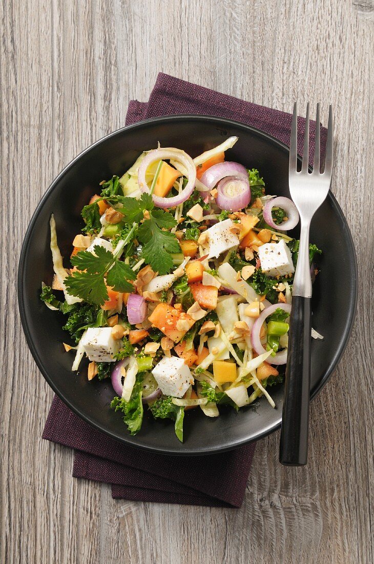 A tofu salad with papaya, cabbage, onions and peanuts