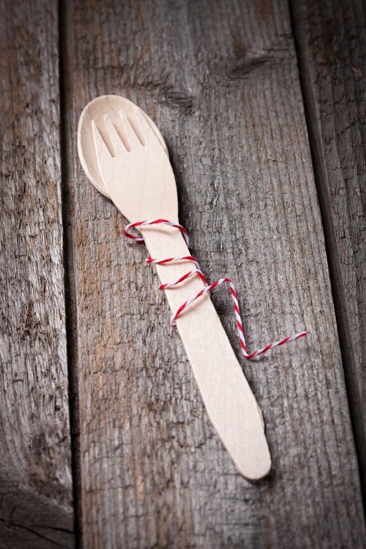 A wooden fork and spoon, tied together