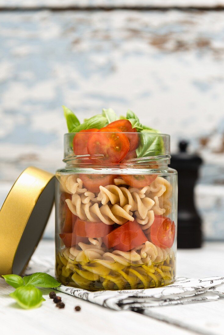 Vegan pasta salad in a jar