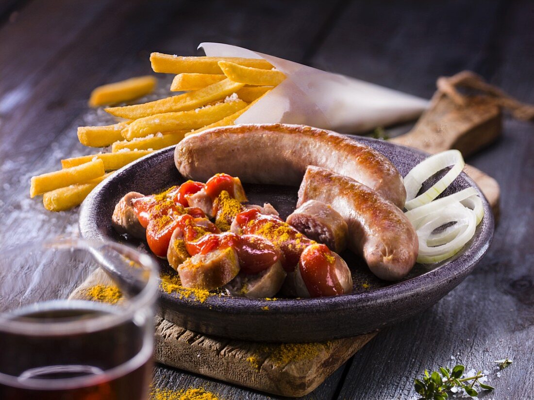 Curry sausages with fries and onion rings