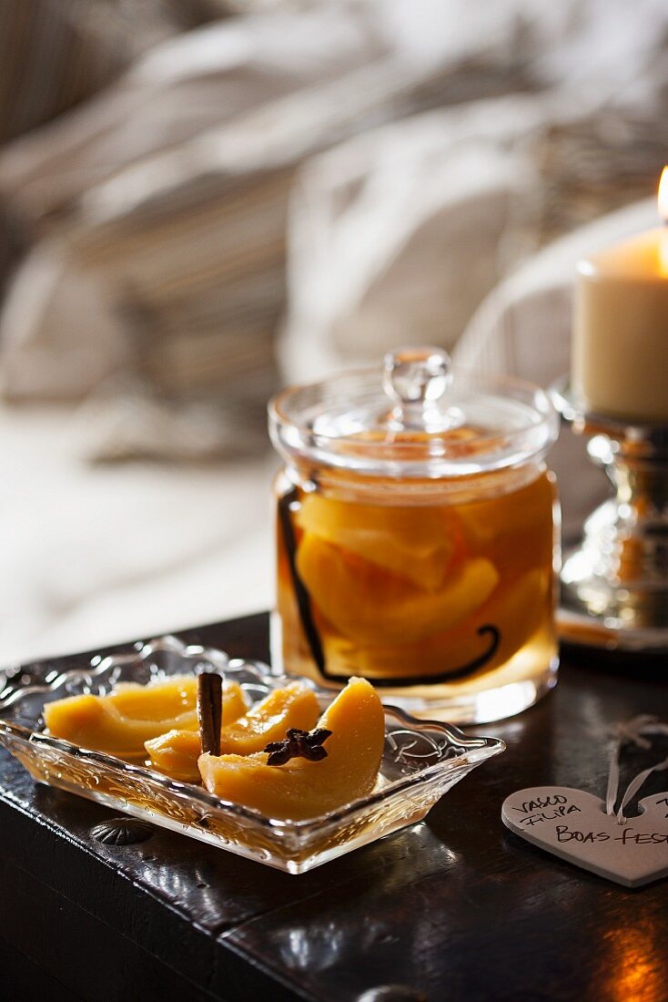 Peaches infused with vanilla and star anise for gifting