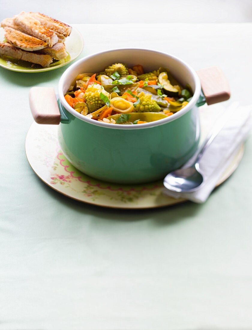 A vegetable pot with romanesco broccoli (Vegetarian)