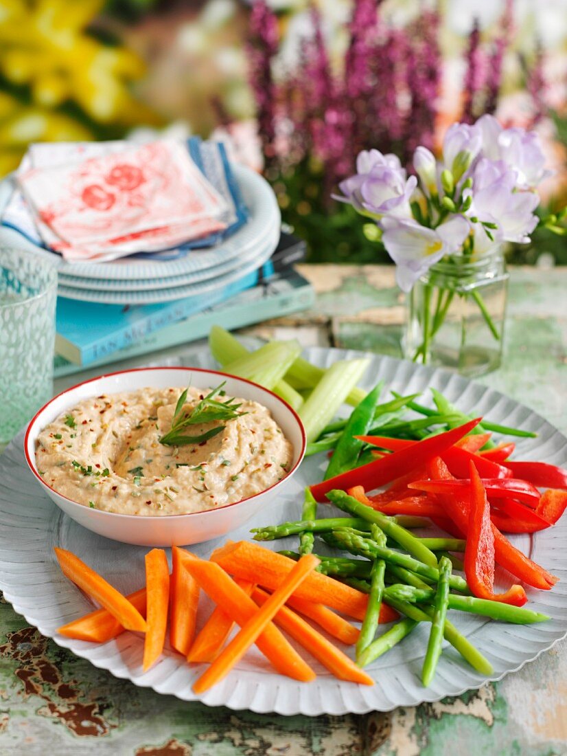 Raw vegetable sticks with a fennel and bean dip