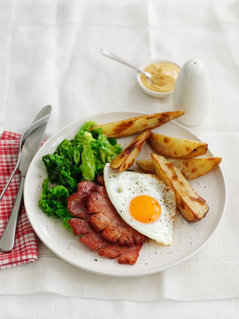 Potato wedges with fried egg and fried ham