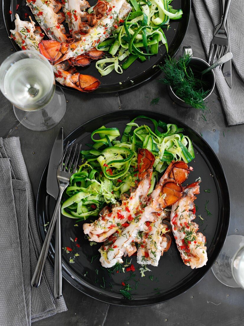 Grilled lobster tails with zucchini