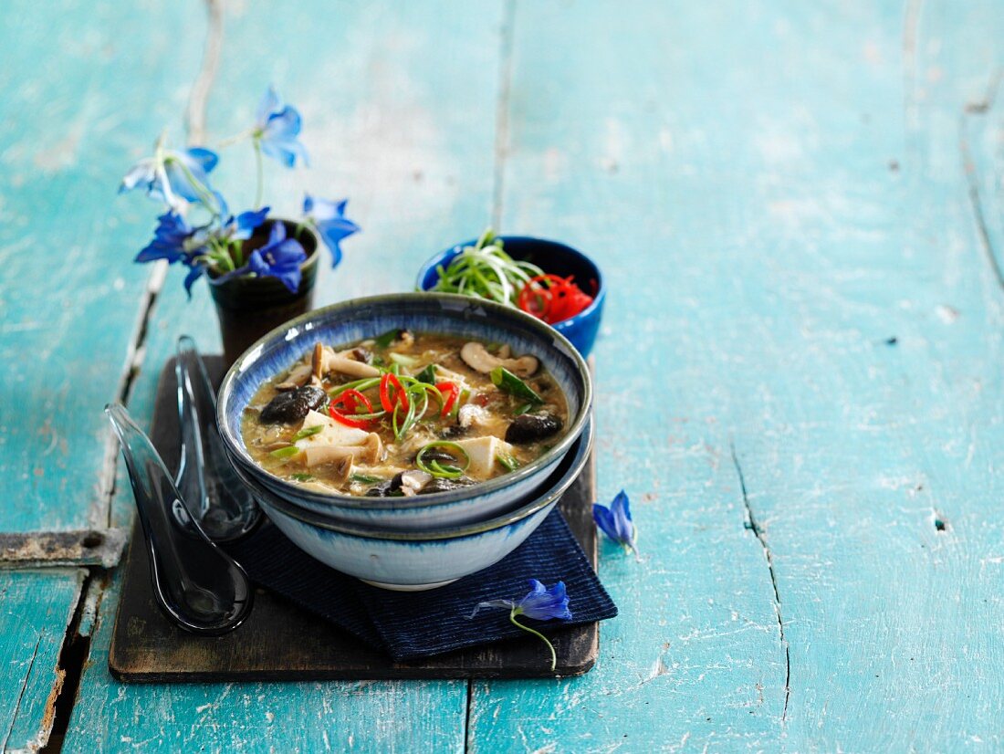 Sharp and sour tofu soup with mushrooms and chilli (Asia)