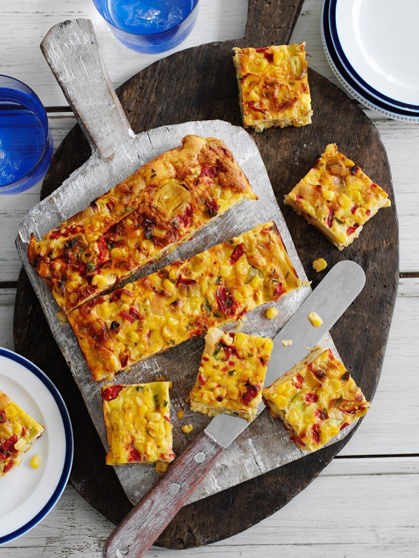 Corn bake with roasted peppers and leeks