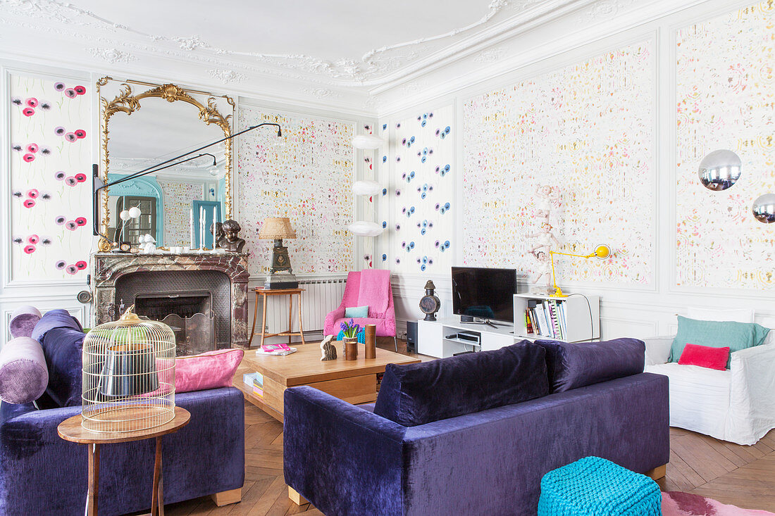 Colourful living room in French period building