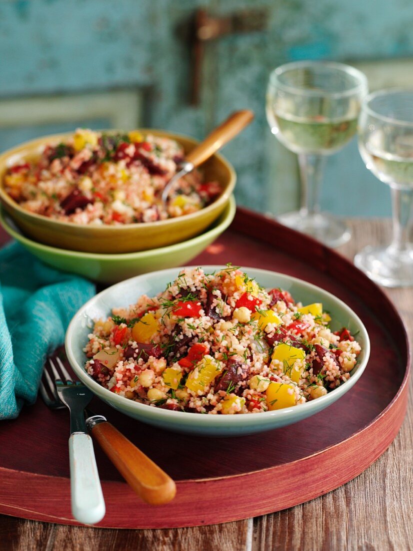 Couscous salad with chickpeas, beetroot and peppers