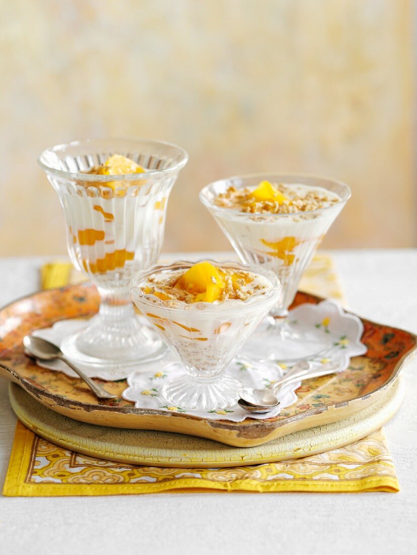 Breakfast Sundaes: yogurt with muesli and apricots in glass dishes