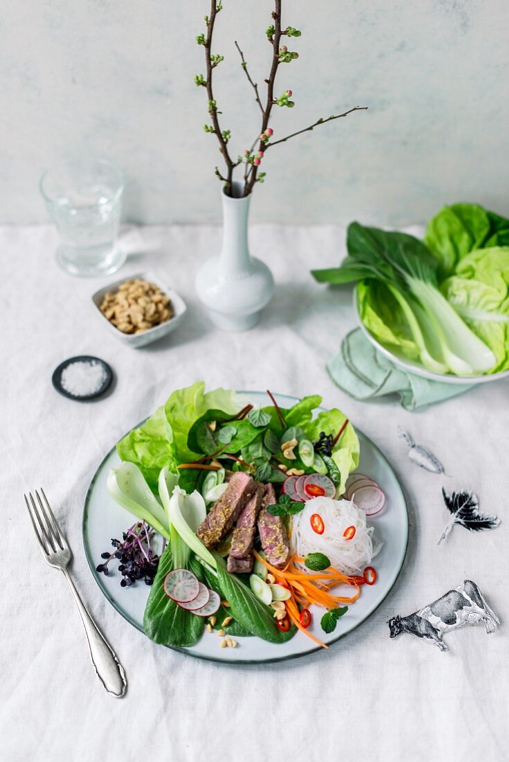 Sliced beef steak with Asian vegetables, glass noodles, peanuts and a ginger and lime dressing
