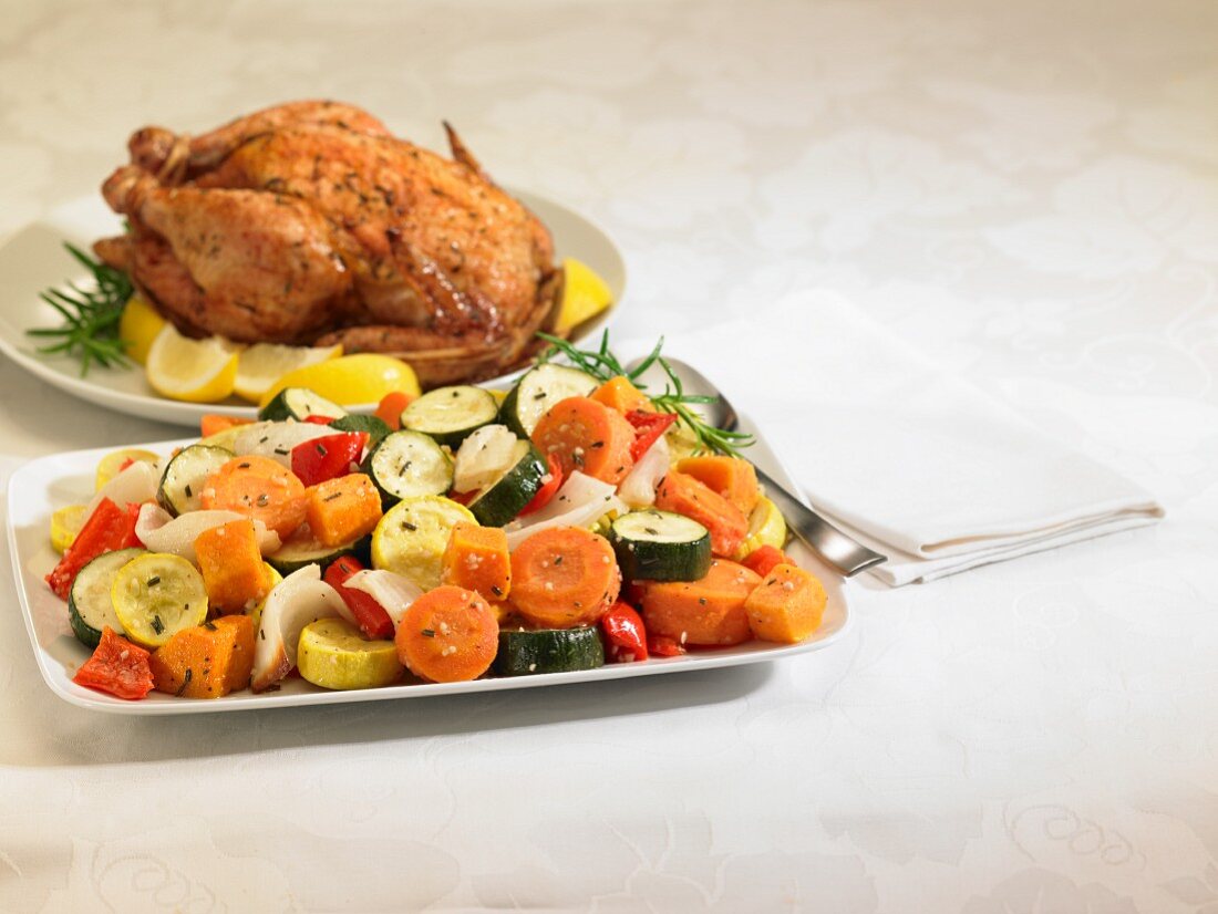 Roast chicken and vegetable platters