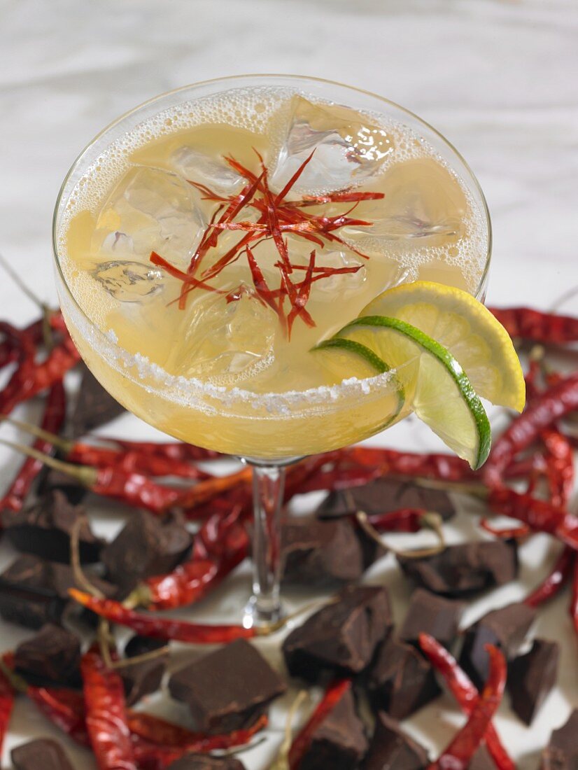 A margarita cocktail with chocolate and chillies