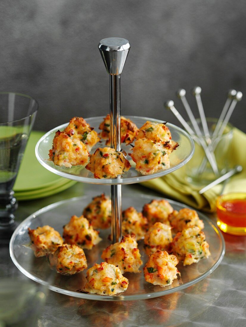 Small shrimp and chilli appetisers on a stand