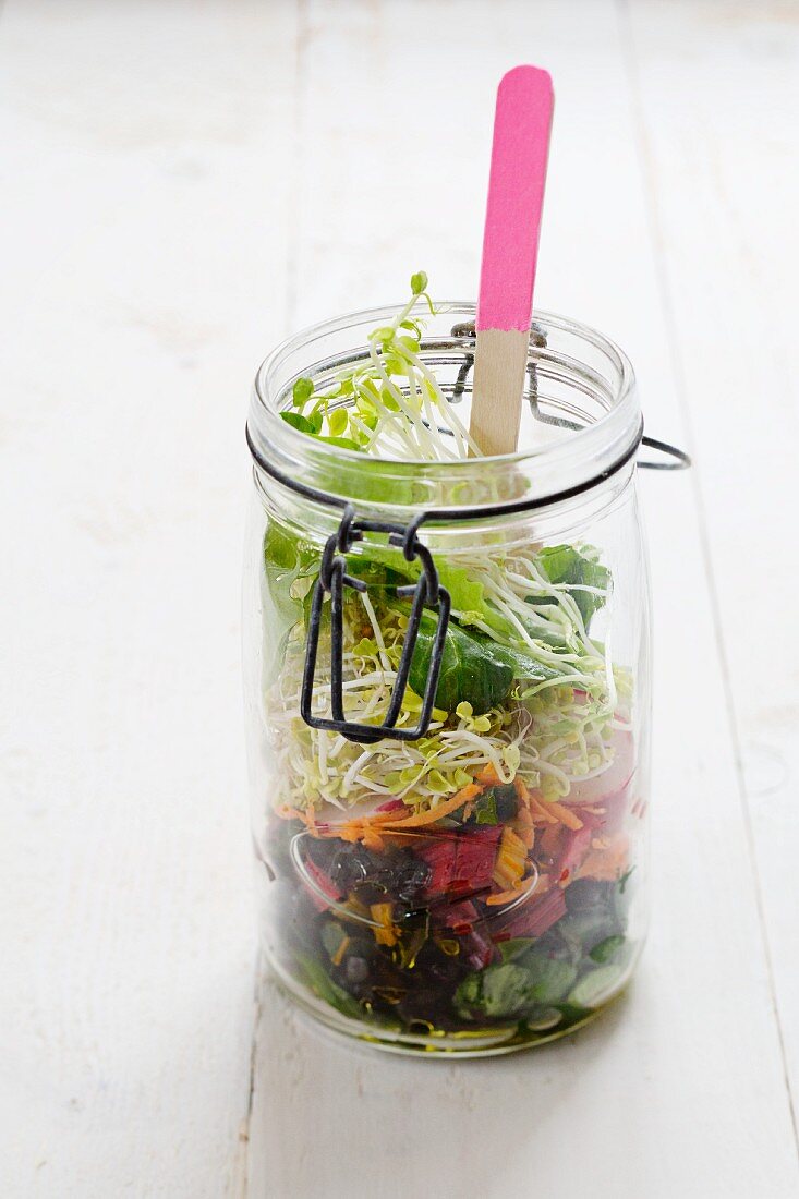 Salat im Glas mit Feldsalat, Mangold, Möhren, Radieschen, Linsensprossen und Erbsensprossen