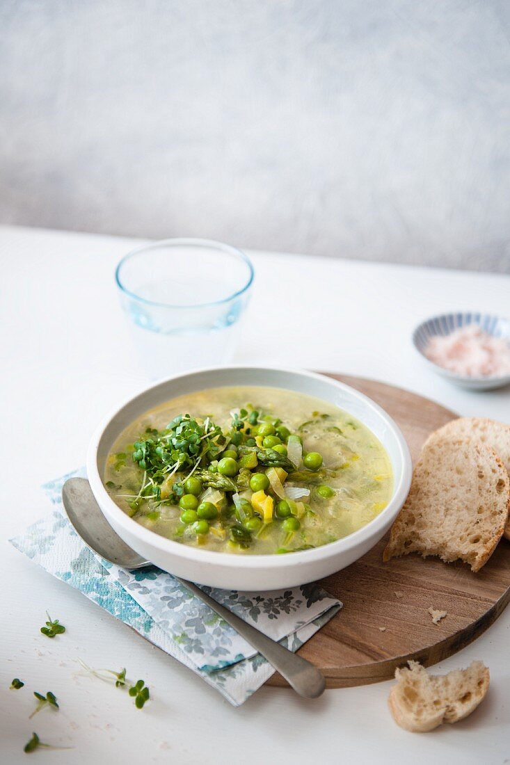 Spring vegetable soup with a piece of bread
