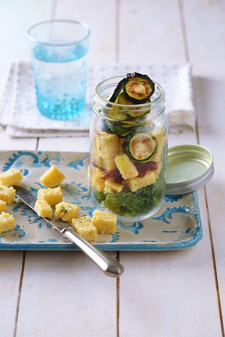 Zucchini and polenta salad in a glass