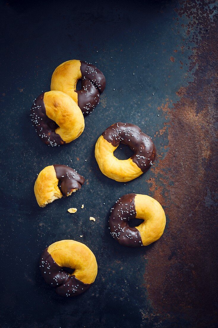 Vegan sweet potato doughnuts with chocolate glazing