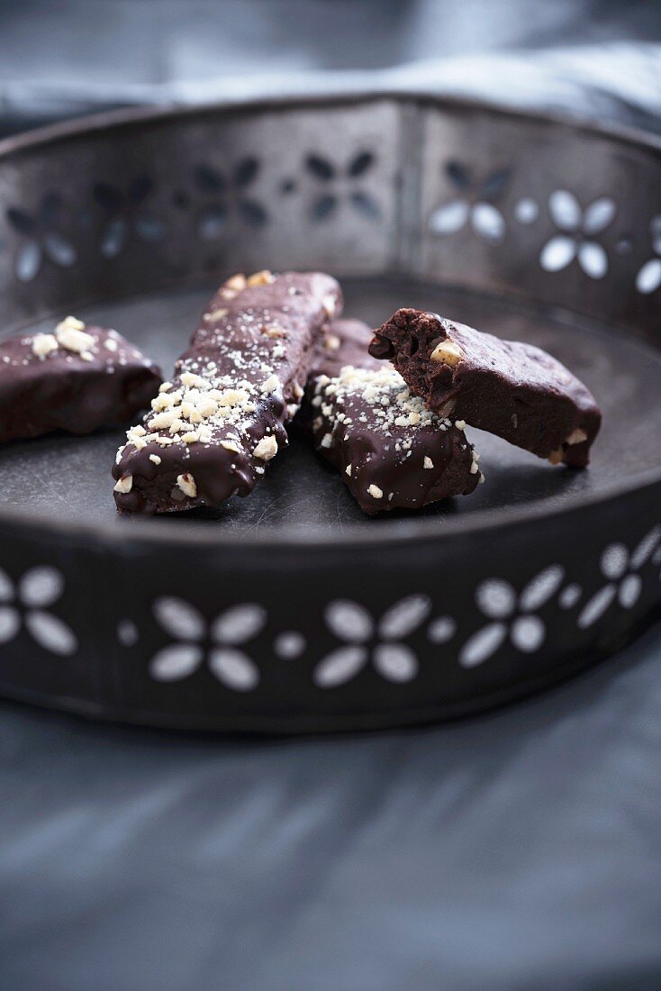 Vegan cake bars made from black beans and covered in chocolate