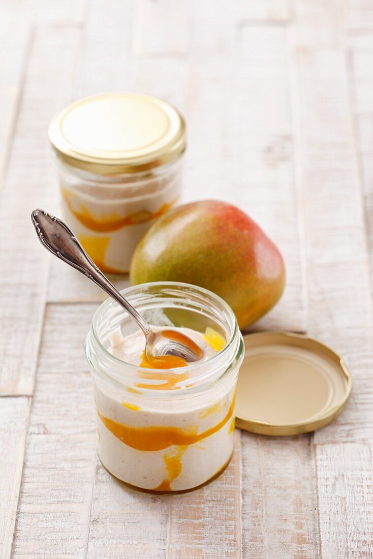 Quark and mango dessert in a glass