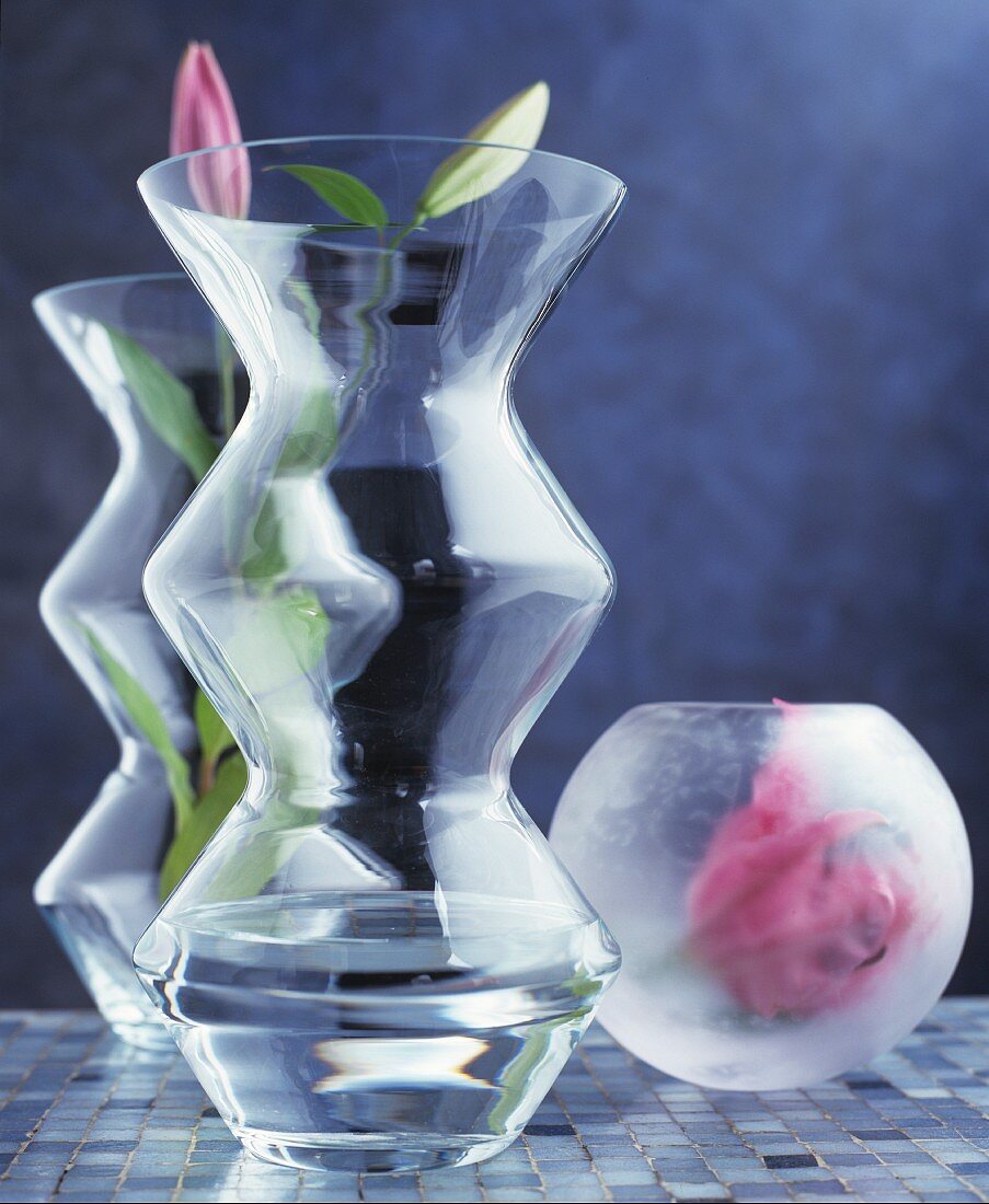 Lilienknospen in runder und eckiger Vase mit mattem und klarem Glas