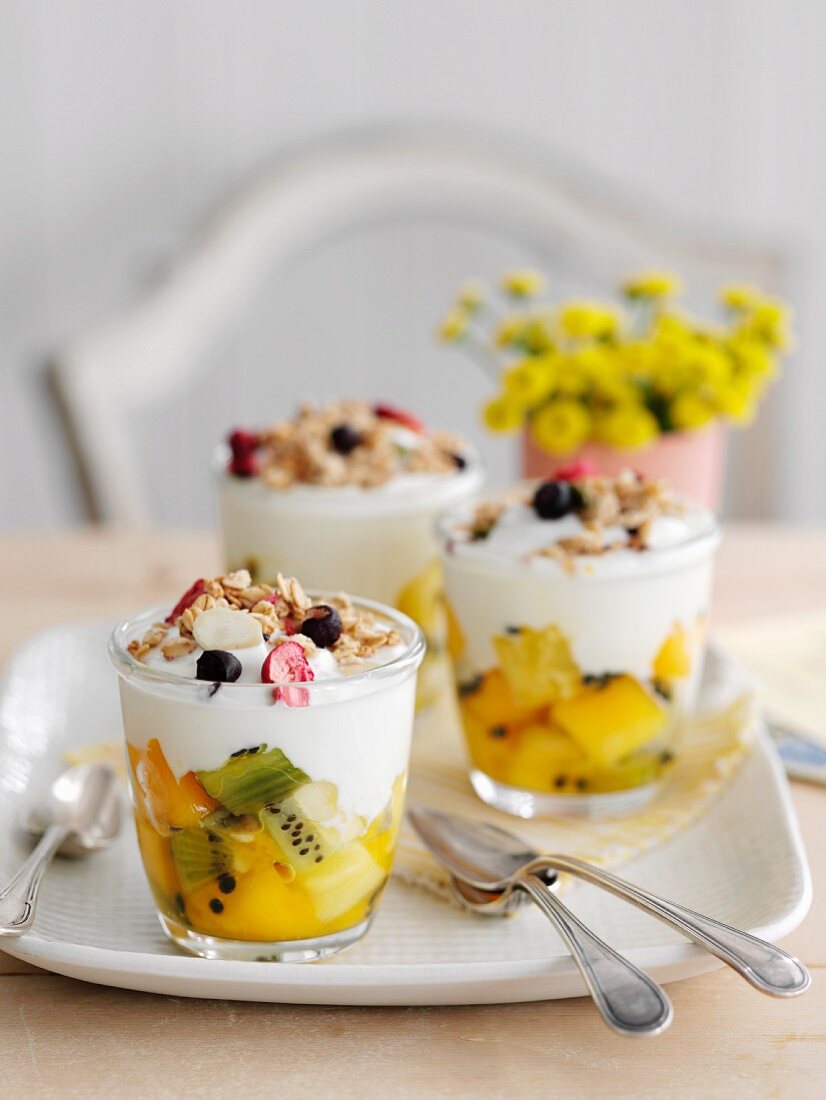 Dessert with exotic fruits, yoghurt and granola