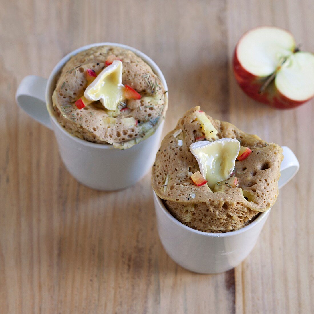 Savoury mug cakes with camembert, apple and honey