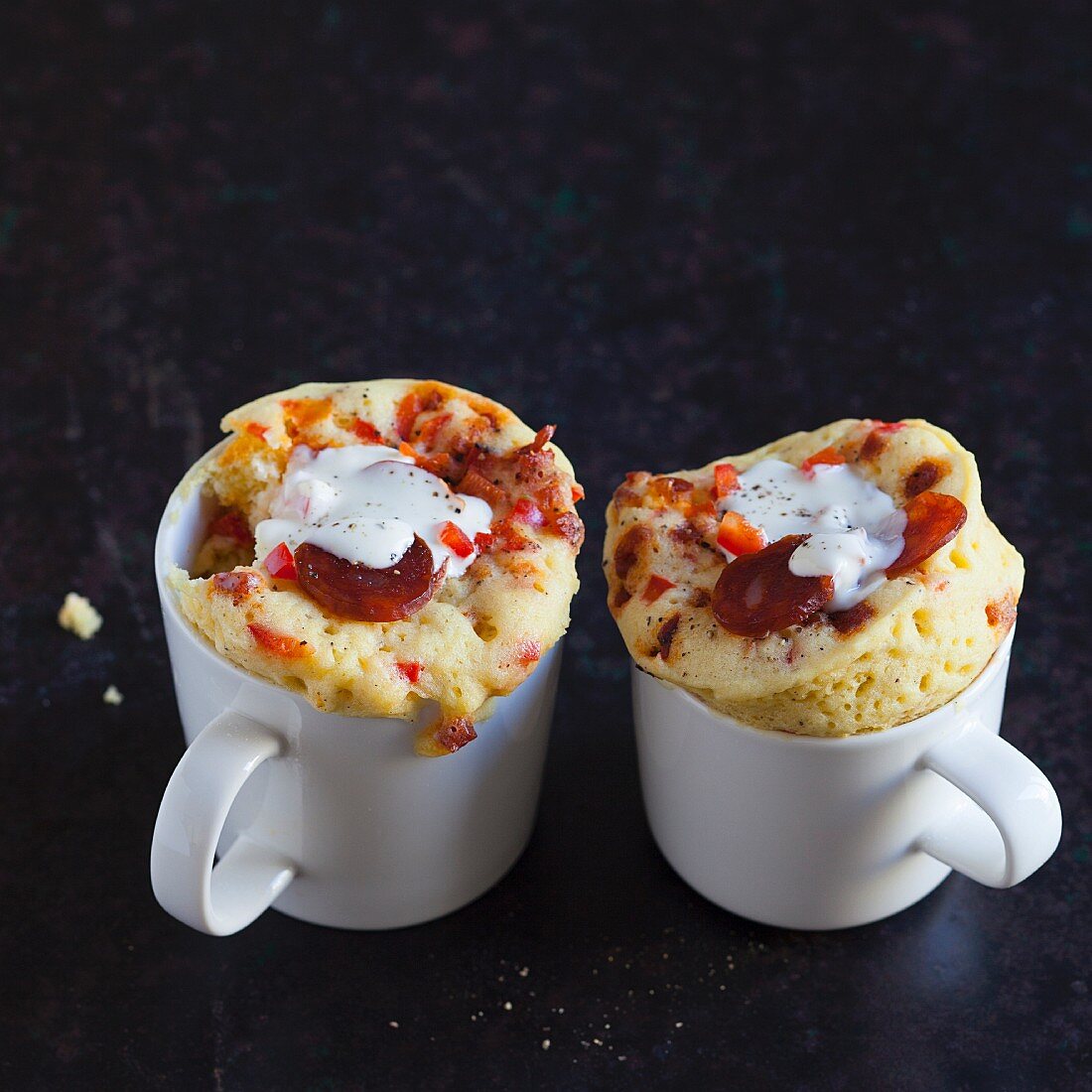 Savoury mug cakes with chorizo, red pepper and cream cheese