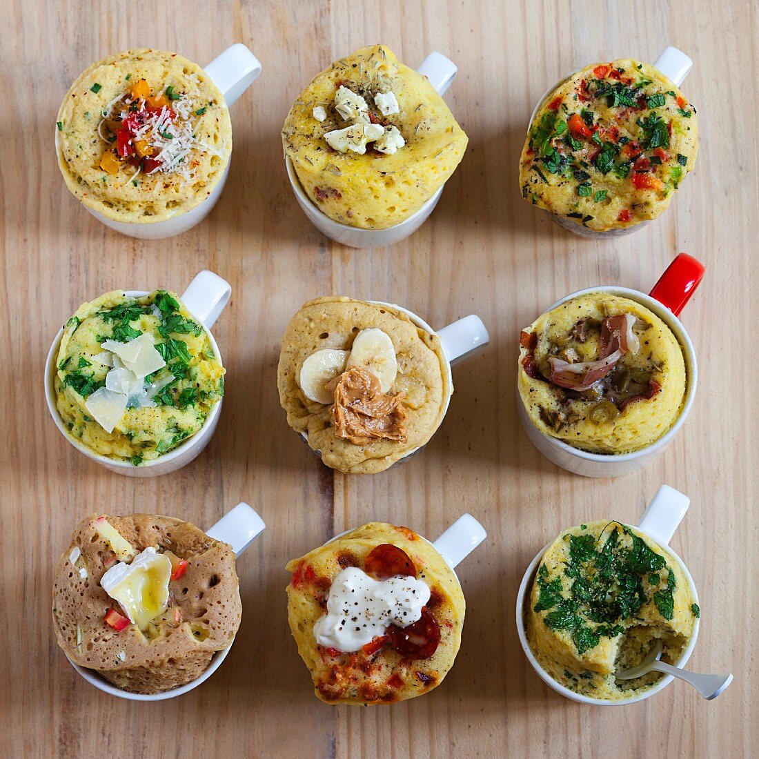 Nine different savoury mug cakes (seen from above)