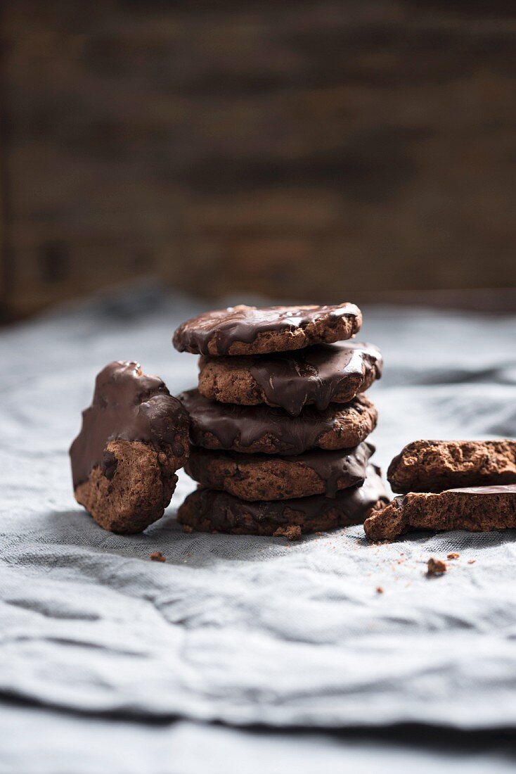 Vegan chocolate chip cookies with a dark chocolate and nougat glaze