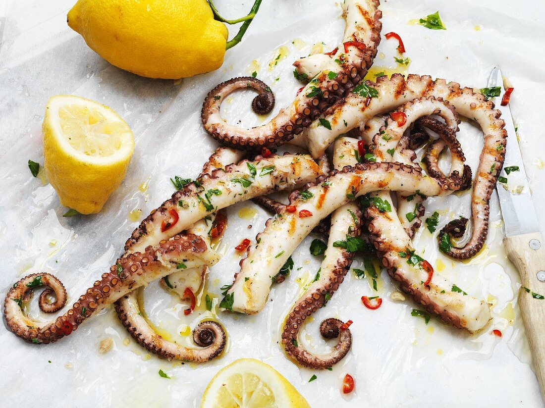 Grilled octopus with chillies and lemons