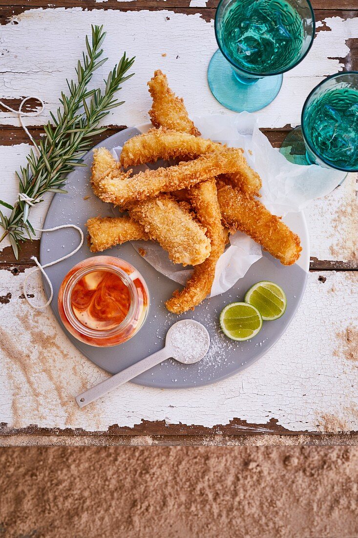 Seehecht-Goujons mit Sriracha-Mayonnaise