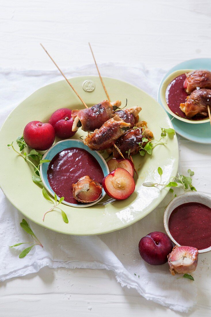 Parma ham-wrapped chicken, sage and plum kebabs with port and plum dipping sauce