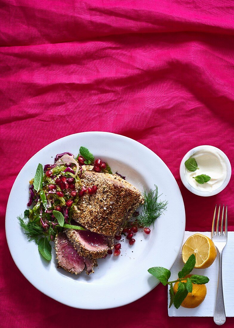 Sesame and chilli seared tuna with slaw and lime mayo