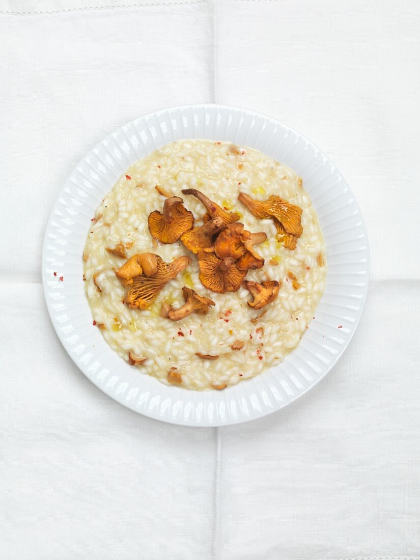 Risotto with chanterelle mushrooms (seen from above)