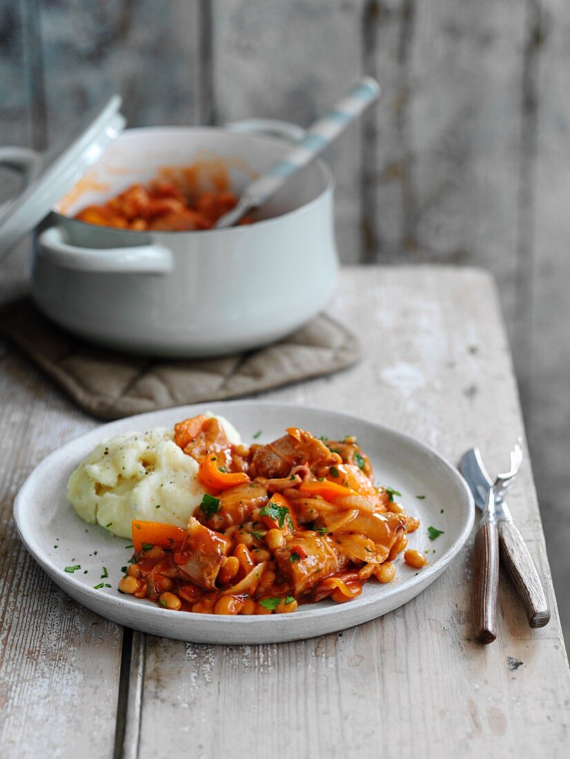 Baked beans with sausage and mashed potato