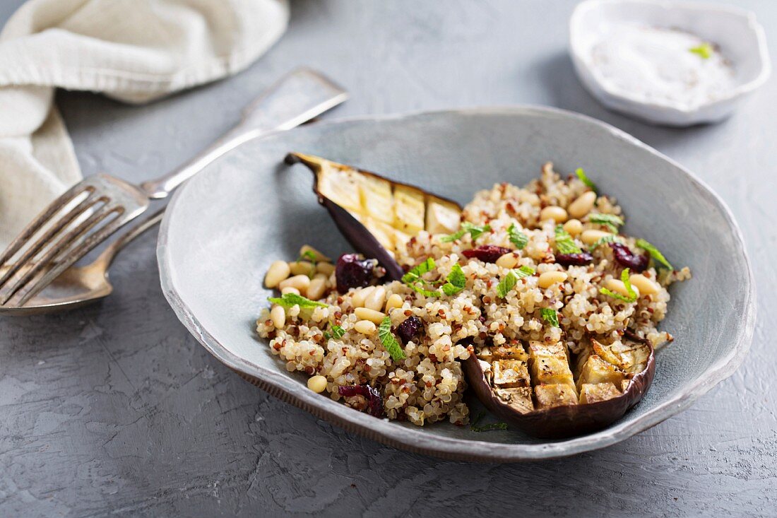 Roasted eggplant with quinoa salad and pine nuts vegan dish
