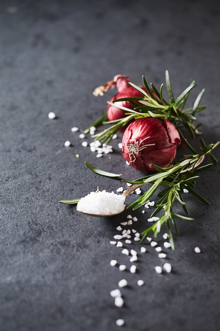 An arrangement of red onions, rosemary and coarse salt