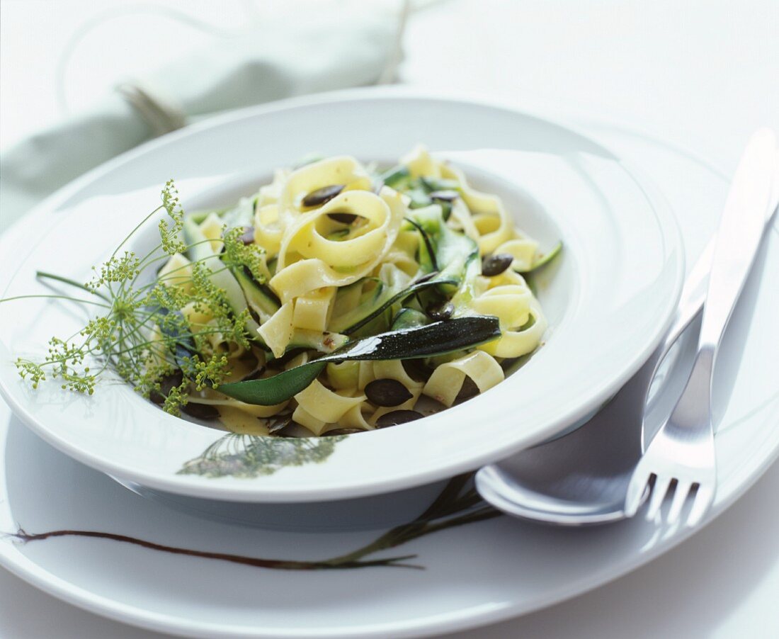 Tagliatelle with cucumber strips and dill