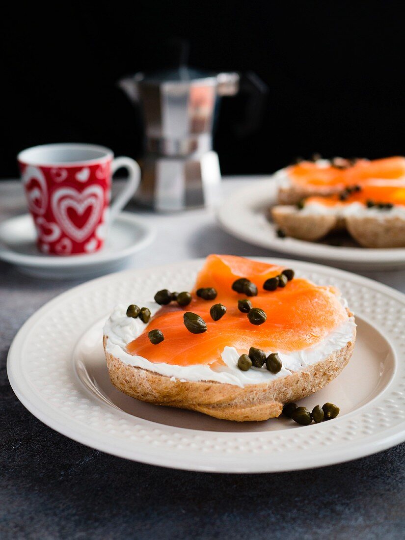 Bagel and Lox (a bagel with salmon) and an espresso
