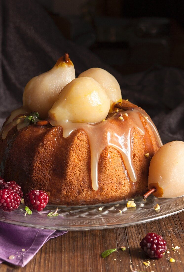 Bundt cake with poached pears