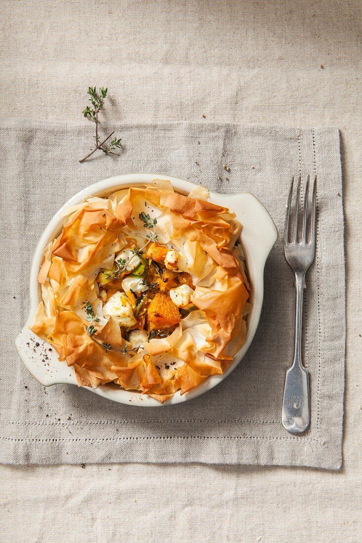 Filo pastry dish with roasted butternut squash, feta and thyme