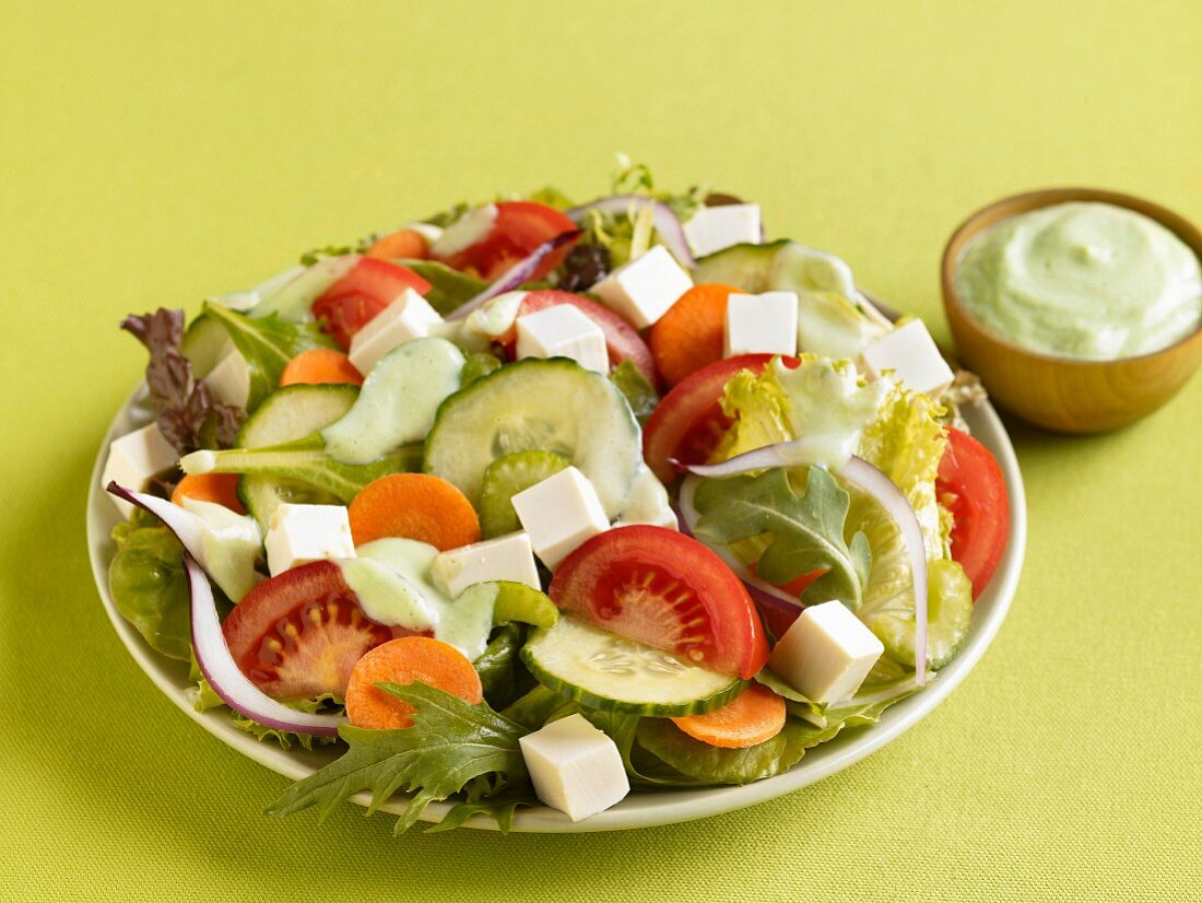 Vegetable salad with tofu cubes and avocado dressing