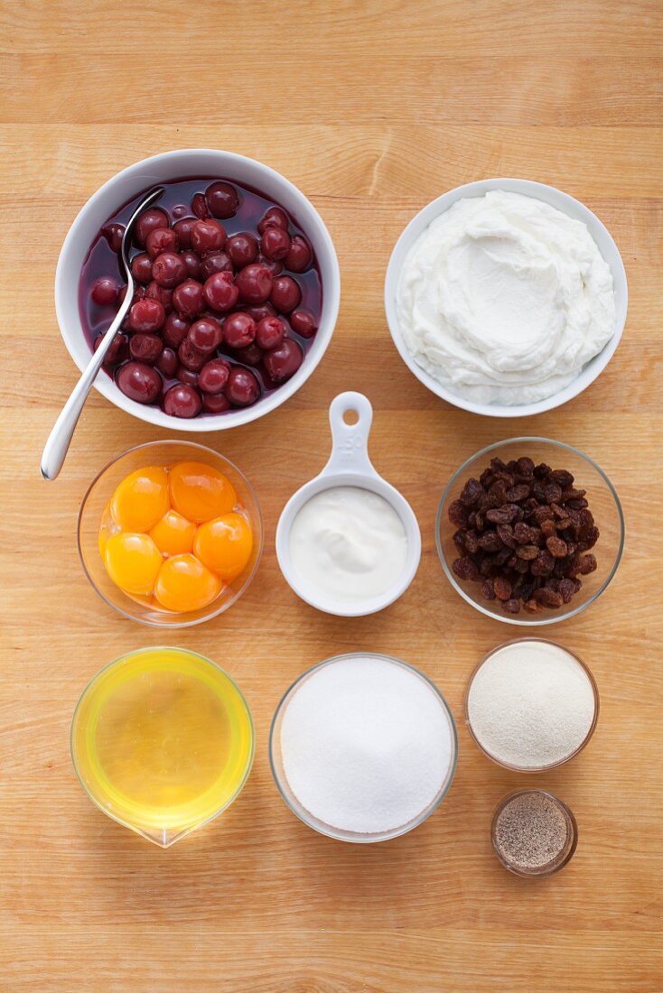 Ingredients for cheesecake with sour cherries