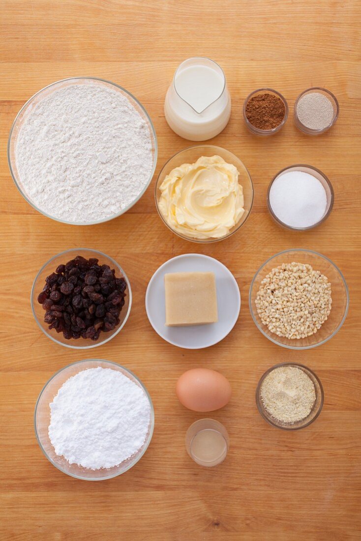 Ingredients for raisin and marzipan wheels