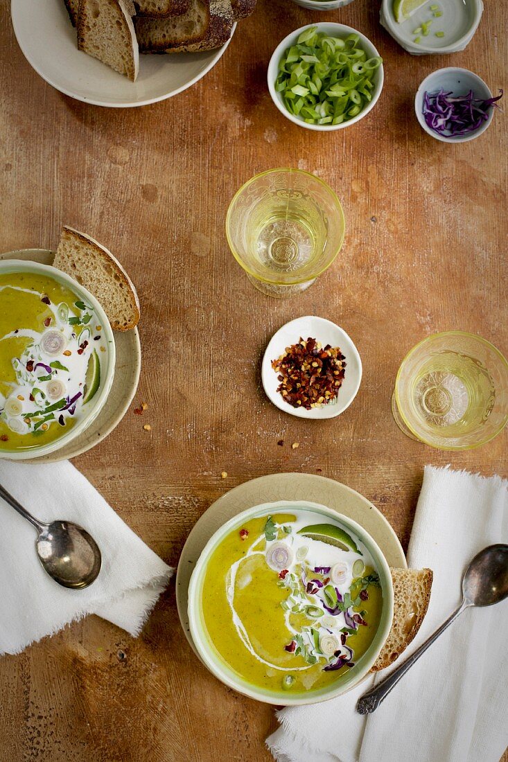 Red Lentil Cilantro Coconut Soup served with bread