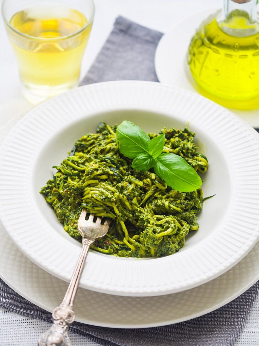 Spiralized zucchini pasta with vegan green pesto